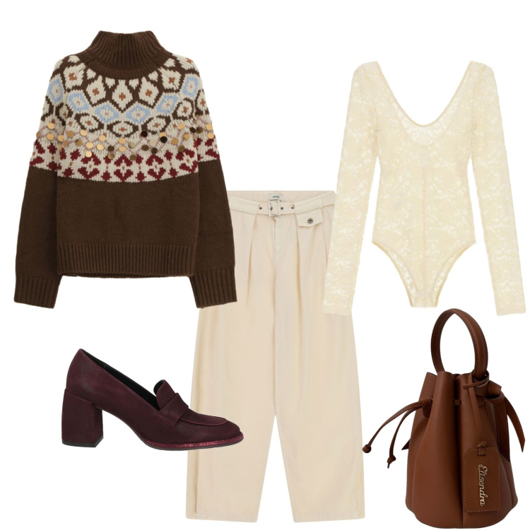 Outfit donna - Ammiccante sotto il maglione norvegese. Stile Casual per Tutti i giorni. Abbinamento con mocassini, body, pullovers, pantaloni a palazzo, borse a secchiello.
