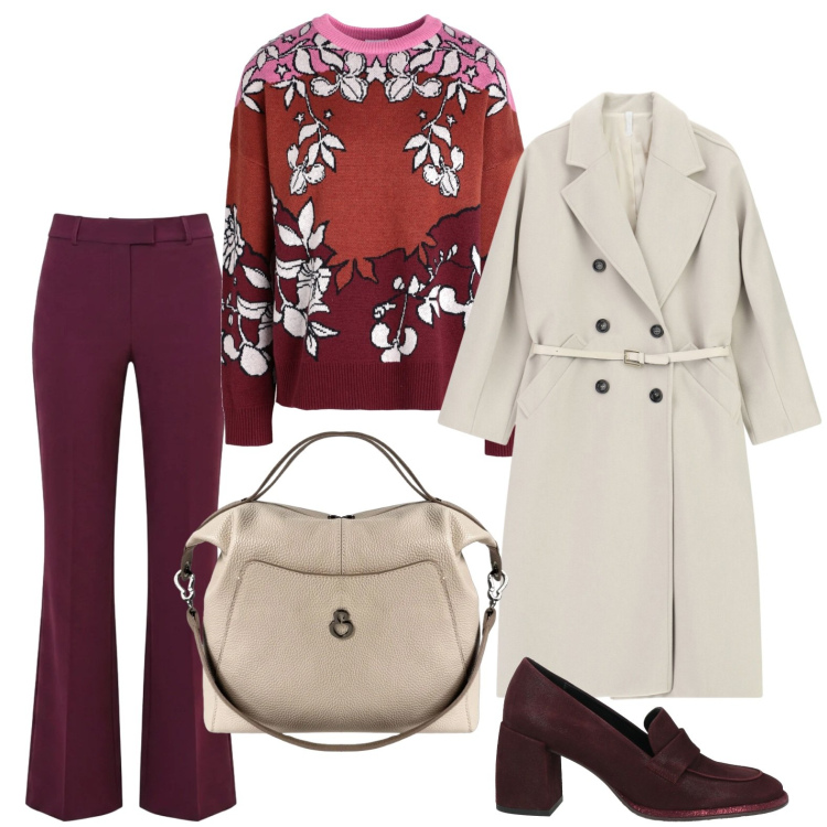 Outfit donna - Il cappotto doppiopetto. Stile Chic per Ufficio. Abbinamento con pullovers, mocassini, cappotti, pantaloni, borse a mano.