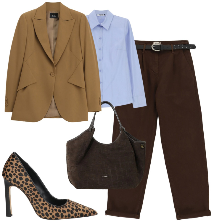 Outfit donna - City. Stile Casual chic per Tutti i giorni. Abbinamento con décolleté, camicie, borse a spalla, pantaloni, blazer.