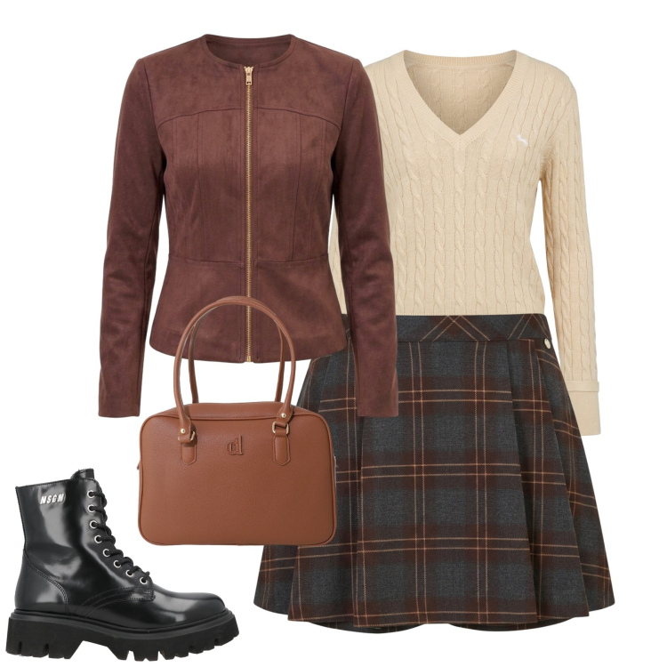 Outfit donna - Fall vibes. Stile Casual chic per Tutti i giorni. Abbinamento con anfibi, pullovers, borse a mano, minigonne, blazer.