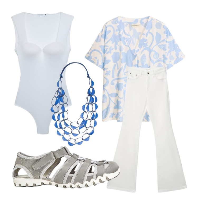 Outfit donna - Collana intrecciata per fine estate. Stile Sporty chic per Ufficio. Abbinamento con camicie a manica corta, sandali, top, jeans a zampa, collane.