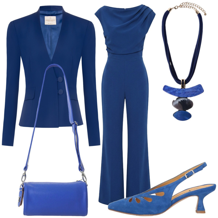 Outfit donna - Blu elegante. Stile Glamour per Cerimonia. Abbinamento con décolleté, borse a tracolla, tute, blazer, ciondoli.