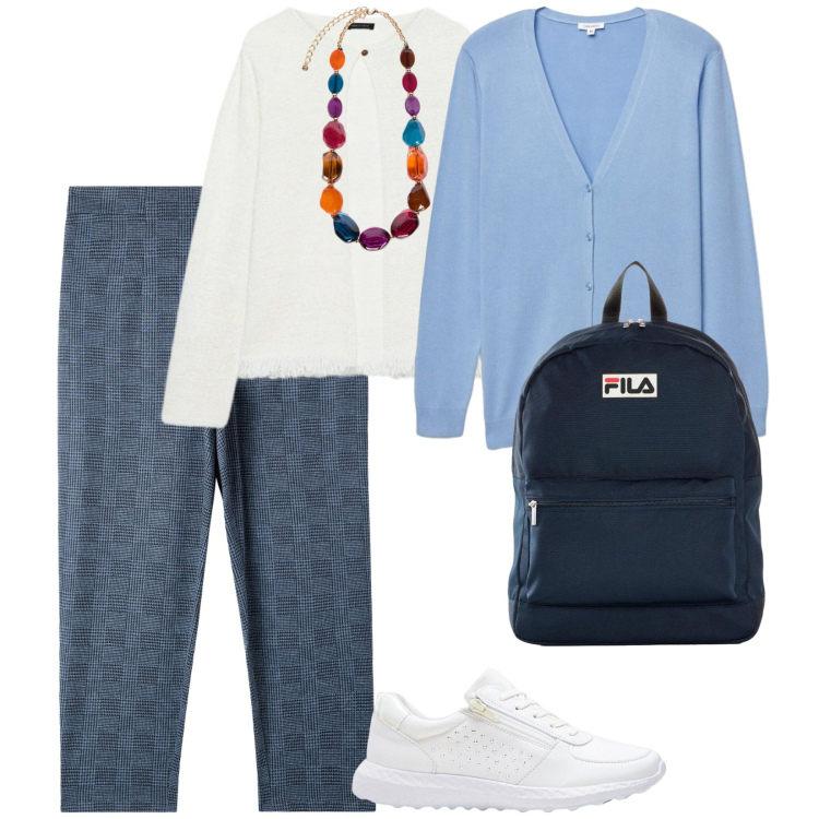 Outfit donna - Fuori porta. per Tutti i giorni. Abbinamento con sneakers, zaini, pantaloni chino, cardigans, cardigans, collane.
