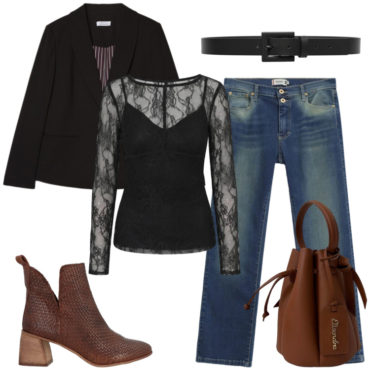 Outfit donna - Total look #2474112. Stile Casual chic per Tutti i giorni. Abbinamento con stivaletti, jeans slim fit, cinture, bluse, blazer, borse a secchiello.