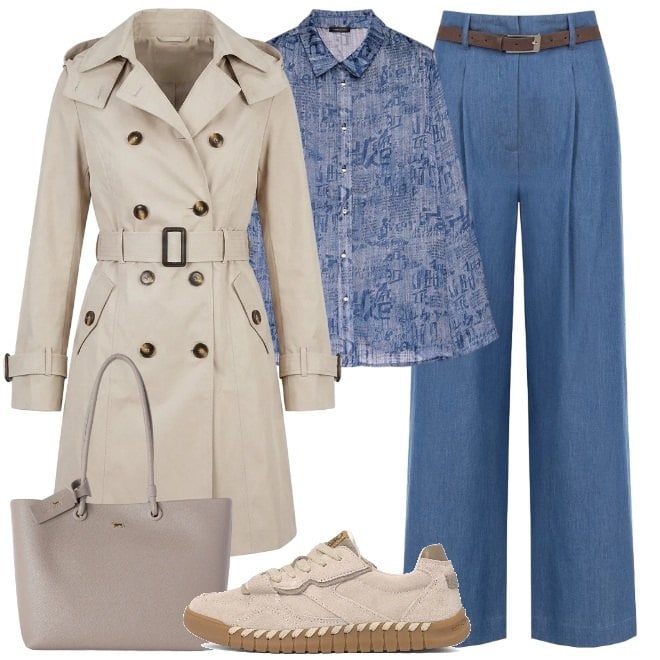 Outfit donna - Soprabito a doppio petto. Stile Casual chic per Ufficio. Abbinamento con shopping bag, pantaloni a palazzo, camicie, trench, sneakers.