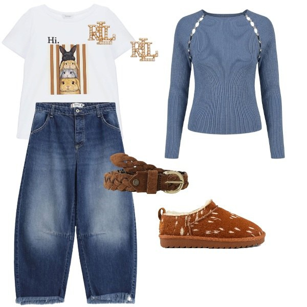 Outfit donna - Dark denim. Stile Basic per Tutti i giorni. Abbinamento con t-shirt, jeans, cinture, orecchini, t-shirt, stivali.