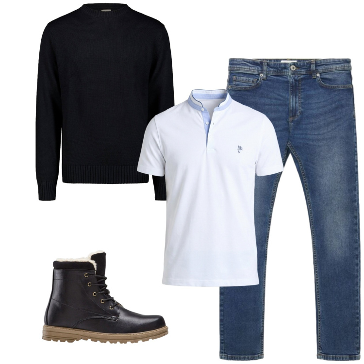 Outfit uomo - Total look #2474128. Stile Casual per Tutti i giorni. Abbinamento con stivali e stivaletti, polo, maglieria, jeans skinny.