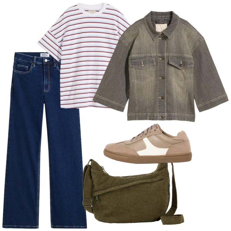 Outfit donna - Settembre. Stile Casual per Tutti i giorni. Abbinamento con borse a tracolla, t-shirt, cappotti, sneakers, jeans.
