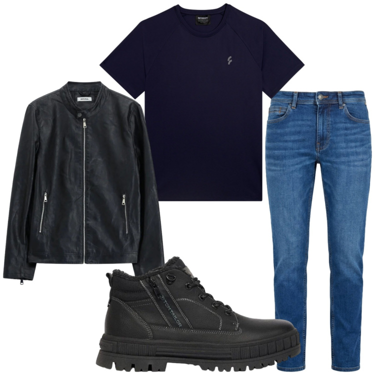 Outfit uomo - Total look #2474130. Stile Casual per Tutti i giorni. Abbinamento con jeans, giacche, t-shirt, stivali e stivaletti.