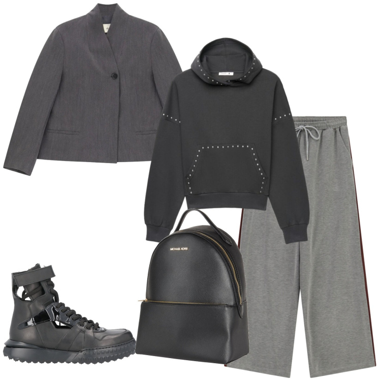 Outfit donna - Total look #2474133. Stile Urban per Tutti i giorni. Abbinamento con zaini, stivaletti, felpe con cappuccio, pantaloni a palazzo, blazer.