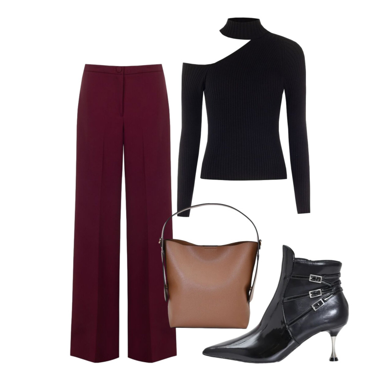Outfit donna - Rinascimento - Dietro la trama FW26. Stile Bon Ton per Tutti i giorni. Abbinamento con pantaloni a palazzo, borse a mano, stivaletti, maglieria.