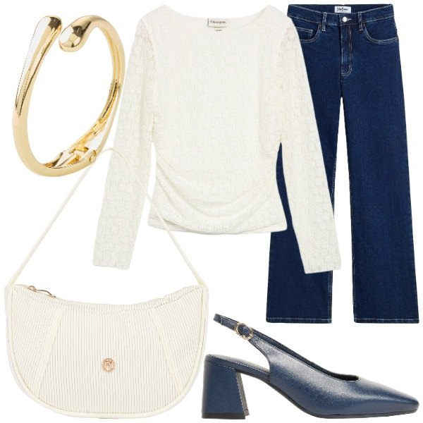 Outfit donna - Una maglia in pizzo. Stile Casual chic per Tutti i giorni. Abbinamento con braccialetti, décolleté, jeans, maglieria, borse a mano.