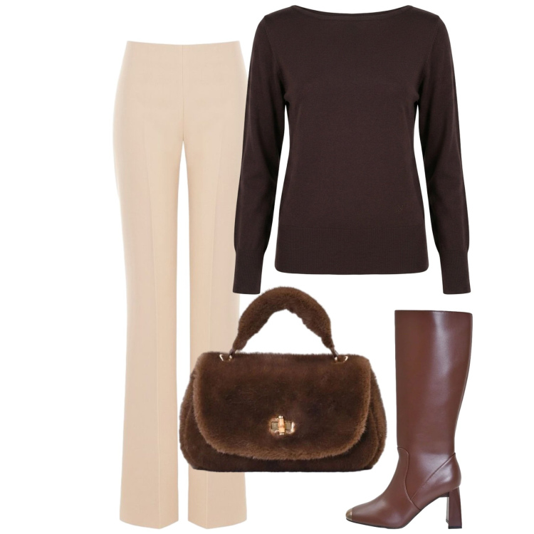 Outfit donna - Rinascimento - Dietro la trama FW26. Stile Bon Ton per Ufficio. Abbinamento con maglieria, borse a mano, stivali sopra il ginocchio, pantaloni a palazzo.