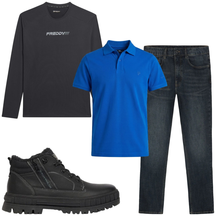 Outfit uomo - Total look #2474151. Stile Urban per Tutti i giorni. Abbinamento con polo, jeans, t-shirt, stivali e stivaletti.