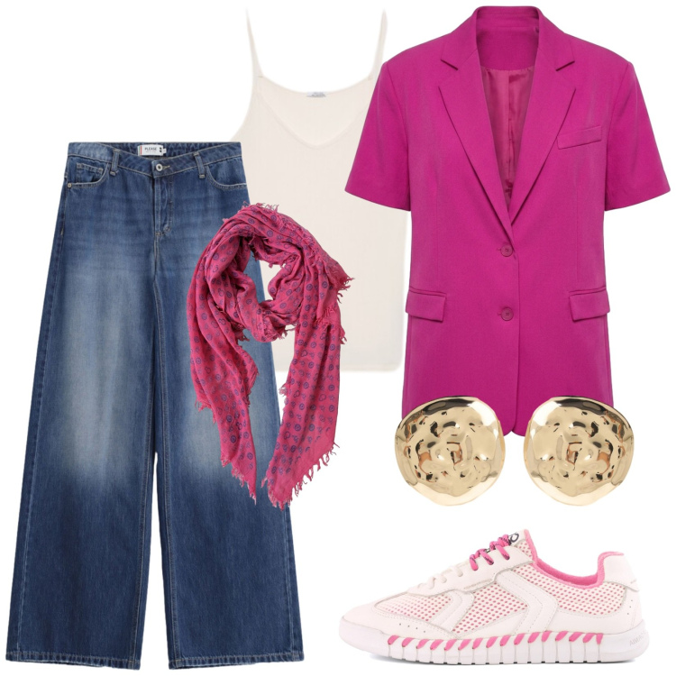 Outfit donna - Blu jeans. Stile Casual chic per Tutti i giorni. Abbinamento con jeans, orecchini, blazer, canottiere, sciarpe, sneakers.