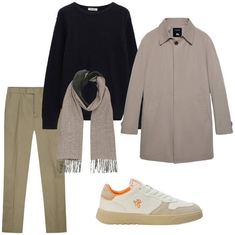 Outfit uomo - Total look #2474156. Stile Trendy per Tutti i giorni. Abbinamento con sneakers, maglieria, pantaloni, sciarpe, trench.
