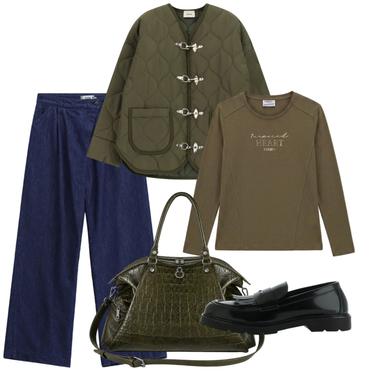 Outfit donna - Dark denim - Il jeans per l\'autunno. Stile Bon Ton per Tutti i giorni. Abbinamento con t-shirt, jeans, giacche, mocassini, shopping bag.