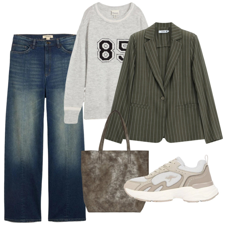 Outfit donna - Weekend Fuori Porta. Stile Casual chic per Tutti i giorni. Abbinamento con maglieria, sneakers, jeans dritti, shopping bag, blazer.