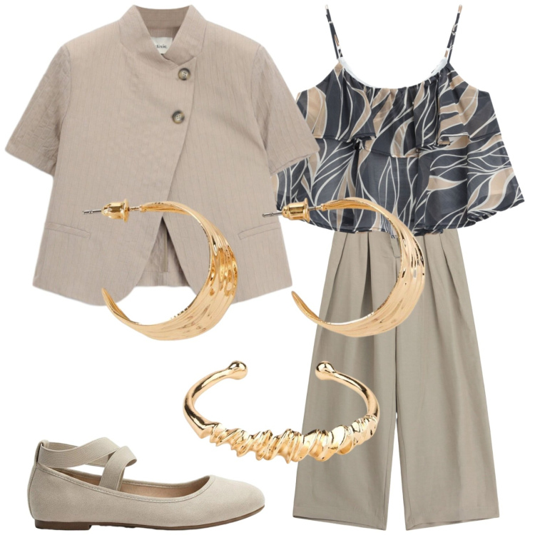Outfit donna - Completo chic. Stile Chic per Ufficio. Abbinamento con ballerine, orecchini, braccialetti, top, pantaloni a palazzo, blazer.