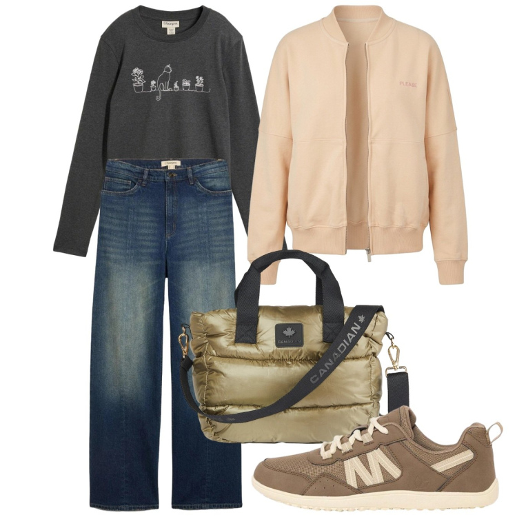Outfit donna - Settembre. Stile Casual per Scuola/Università. Abbinamento con sneakers, jeans dritti, t-shirt, felpe, borse tote.