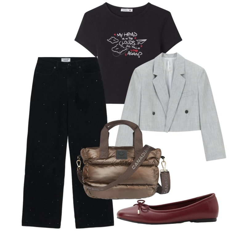 Outfit donna - Settembre. Stile Urban per Tutti i giorni. Abbinamento con ballerine, jeans, t-shirt, blazer, borse a tracolla.