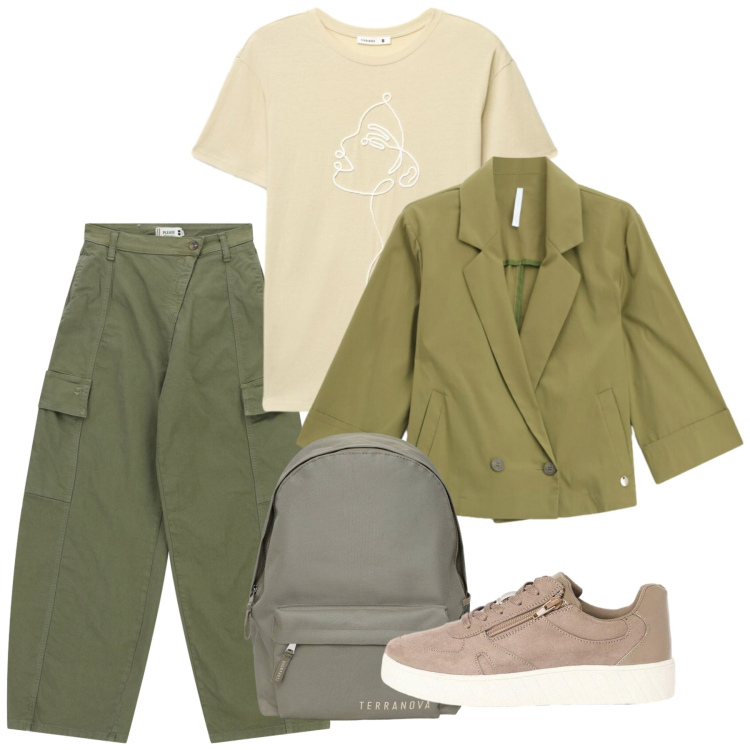 Outfit donna - Settembre. Stile Casual per Tutti i giorni. Abbinamento con sneakers, blazer, zaini, t-shirt, pantaloni cargo.