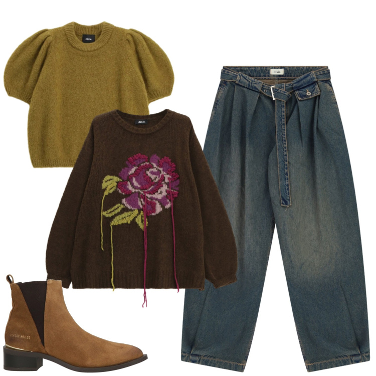 Outfit donna - Autunno. Stile Casual chic per Tutti i giorni. Abbinamento con stivaletti texani, pullovers, maglieria, jeans.
