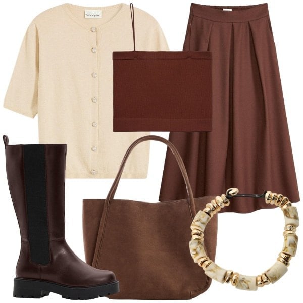 Outfit donna - I colori della terra. Stile Casual chic per Tutti i giorni. Abbinamento con cardigans, shopping bag, stivali, gonne, braccialetti, top.