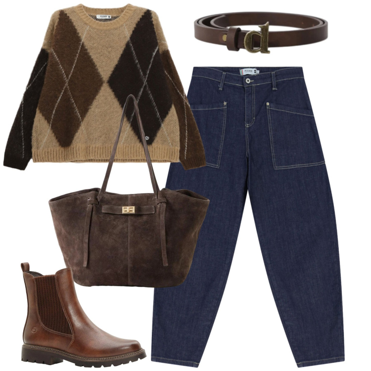 Outfit donna - City. Stile Casual chic per Tutti i giorni. Abbinamento con shopping bag, stivaletti, maglieria, jeans, cinture.