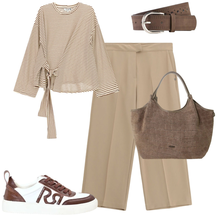 Outfit donna - Settembre. Stile Casual chic per Tutti i giorni. Abbinamento con cinture, t-shirt, pantaloni, borse a spalla, sneakers.