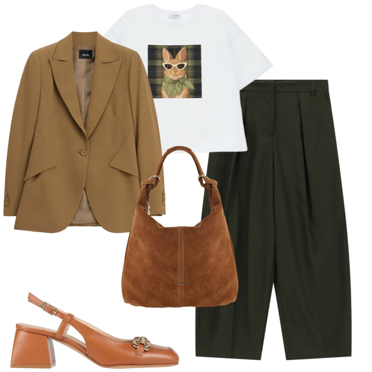 Outfit donna - City. Stile Casual chic per Tutti i giorni. Abbinamento con décolleté, borse a spalla, pantaloni, t-shirt, blazer.