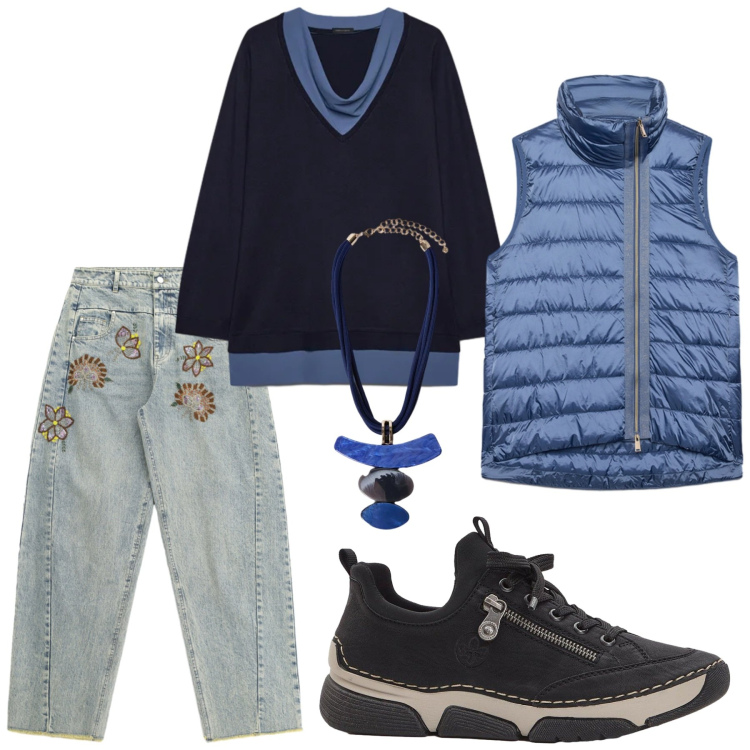 Outfit donna - Total look #2474186. Stile Minimal per Tutti i giorni. Abbinamento con sneakers, jeans, maglieria, piumini, ciondoli.