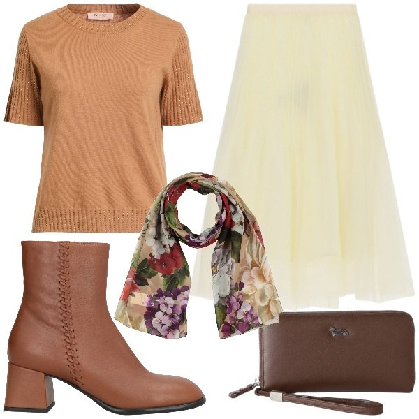 Outfit donna - Sfumature della terra. Stile Glamour per Tutti i giorni. Abbinamento con pullovers, sciarpe, stivaletti, portafogli, gonne longuette.