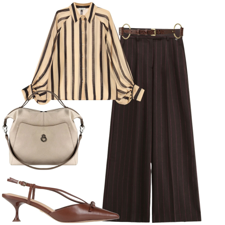 Outfit donna - Urban vibes. Stile Urban per Tutti i giorni. Abbinamento con décolleté, camicie, pantaloni a palazzo, cinture, borse a mano.
