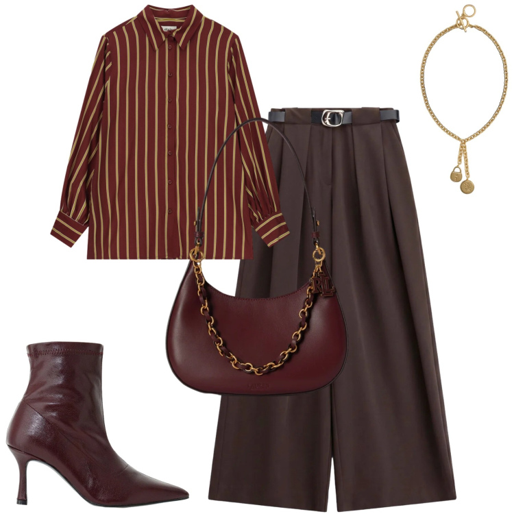 Outfit donna - City. Stile Urban per Tutti i giorni. Abbinamento con pantaloni a palazzo, stivaletti, camicie, borse a spalla, ciondoli.
