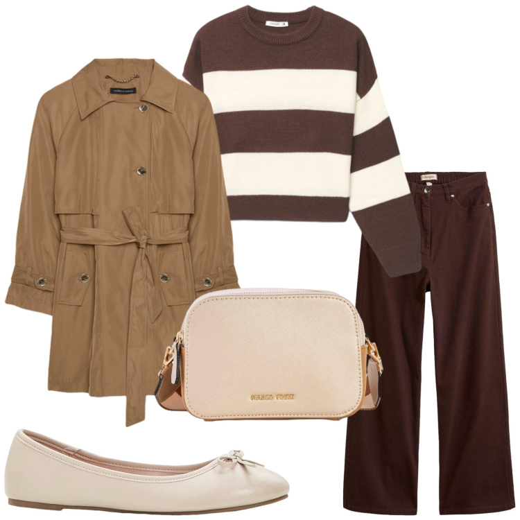 Outfit donna - Total look #2474191. Stile Minimal per Tutti i giorni. Abbinamento con ballerine, borse a tracolla, pantaloni, maglieria, trench.
