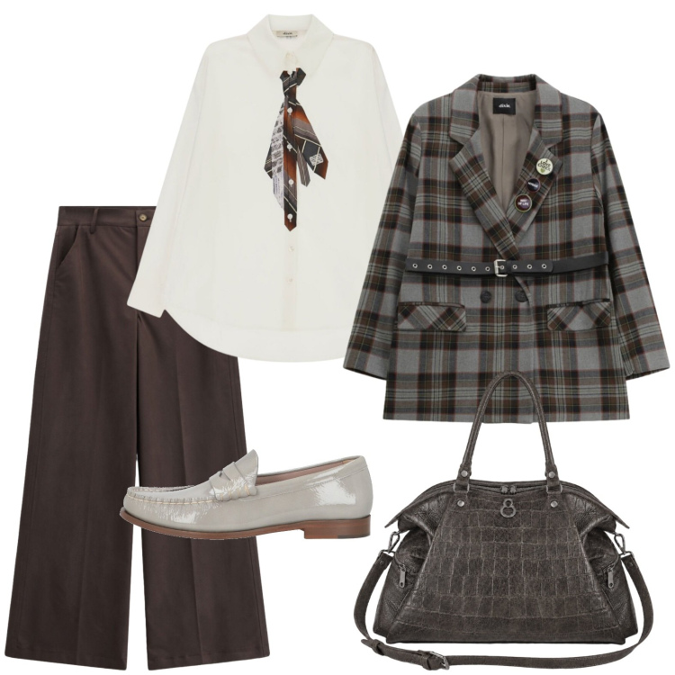 Outfit donna - Blazer tartan e mocassino lucido. Stile Trendy per Ufficio. Abbinamento con mocassini, camicie, pantaloni a palazzo, blazer, shopping bag.