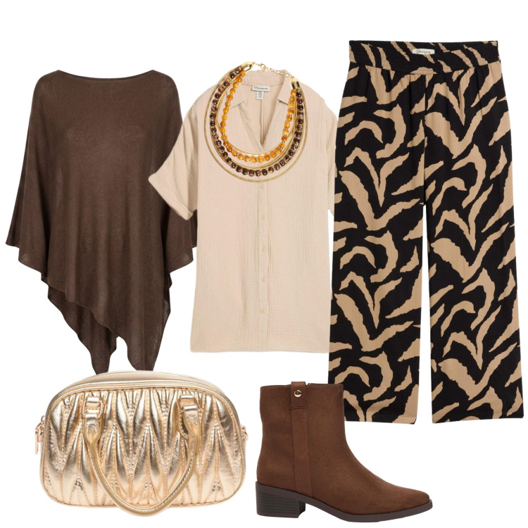 Outfit donna - In passeggiata serale in centro. Stile Chic per Serata fuori. Abbinamento con bluse, pantaloni, stivaletti, cappotti, borse a mano, collane.