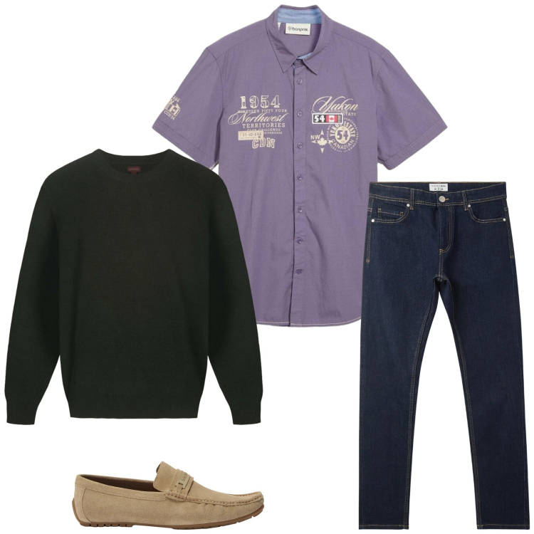 Outfit uomo - Total look #2474196. Stile Trendy per Serata speciale. Abbinamento con camicie a manica corta, scarpe stringate, maglieria, jeans skinny.