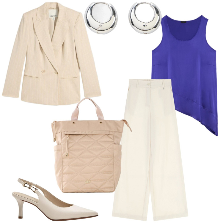 Outfit donna - Total look #2474197. Stile Chic per Ufficio. Abbinamento con décolleté, blazer, orecchini, zaini, pantaloni a palazzo, canottiere.