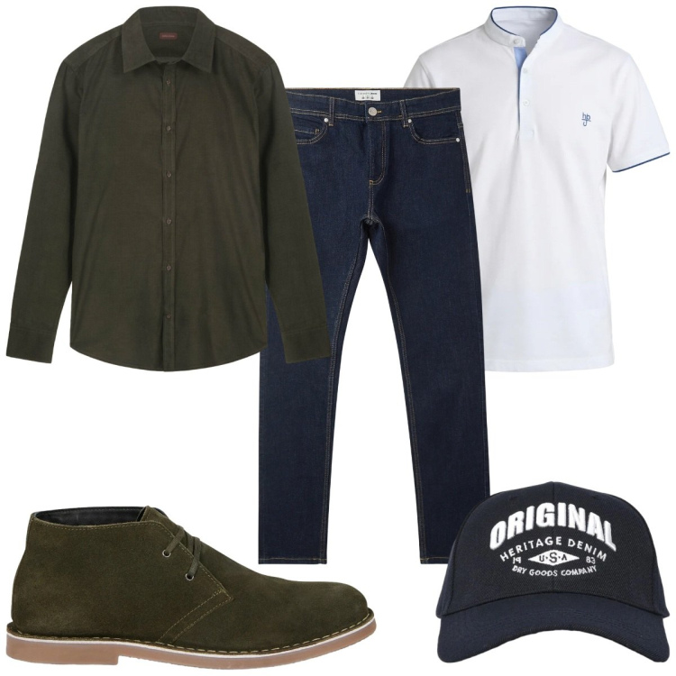 Outfit uomo - Total look #2474200. Stile Casual per Tutti i giorni. Abbinamento con polo, stivali e stivaletti, camicie, jeans skinny, cappelli con visiera.