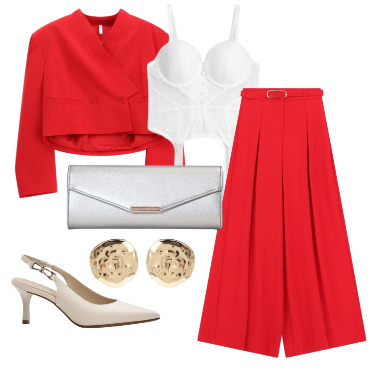 Outfit donna - Settembre. Stile Glamour per Cerimonia. Abbinamento con blazer, pantaloni a palazzo, clutch, orecchini, décolleté, body.