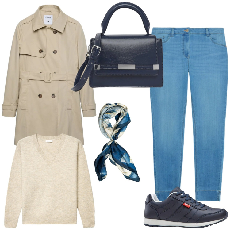 Outfit donna - Effortless fall style. Stile Casual per Tutti i giorni. Abbinamento con sneakers, trench, borse a tracolla, maglieria, jeans skinny, foulard.