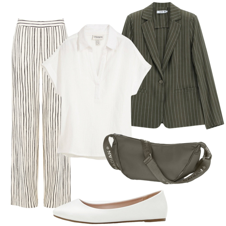 Outfit donna - In riga. Stile Bon Ton per Ufficio. Abbinamento con ballerine, bluse, blazer, pantaloni a palazzo, borse a tracolla.