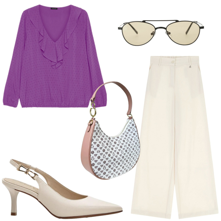 Outfit donna - Total look #2474215. Stile Chic per Tutti i giorni. Abbinamento con décolleté, occhiali da sole, pantaloni a palazzo, bluse, borse a spalla.