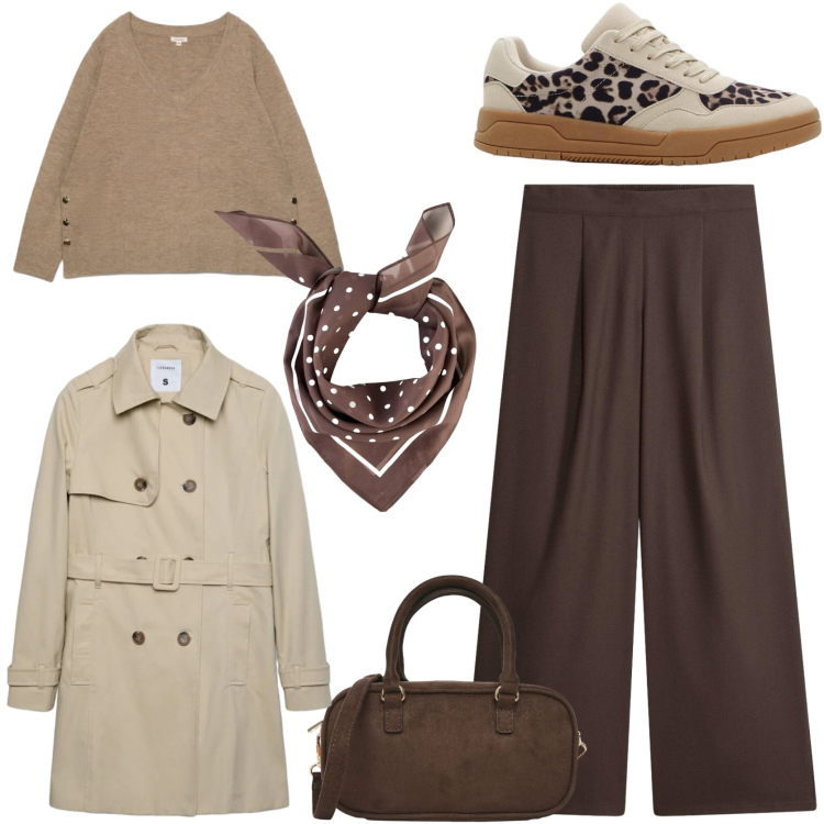 Outfit donna - Everyday elegance. Stile Casual chic per Tutti i giorni. Abbinamento con sneakers, foulard, pantaloni a palazzo, trench, borse a tracolla, maglieria.