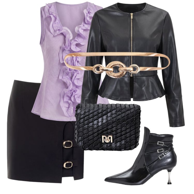 Outfit donna - Total look #2474218. Stile Rock per Serata fuori. Abbinamento con minigonne, camicie a manica corta, giacche, cinture, stivaletti, borse a tracolla.