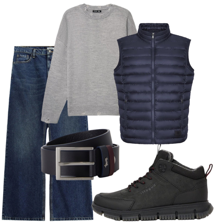 Outfit uomo - Total look #2474223. Stile Casual Abbinamento con stivali e stivaletti, cinture, jeans, maglieria, piumini.