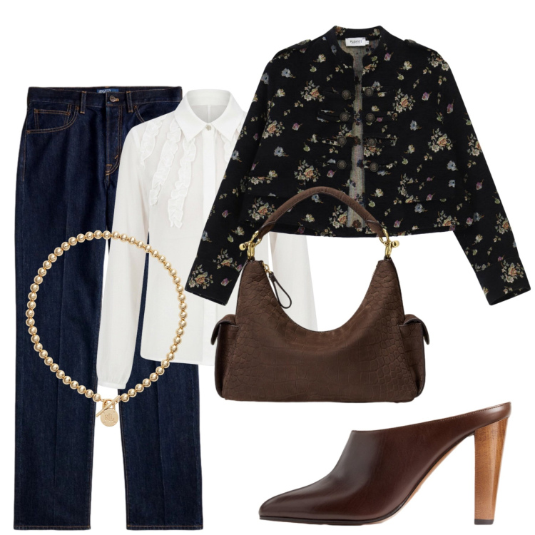 Outfit donna - Total look #2474230. Stile Casual chic per Tutti i giorni. Abbinamento con blazer, camicie, collane, sabot, borse a spalla, jeans dritti.