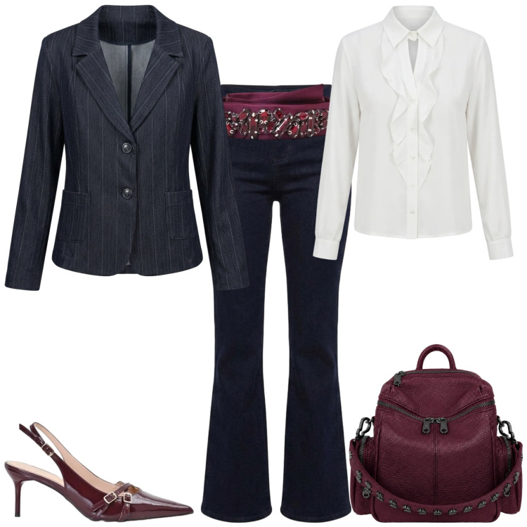 Outfit donna - Casual chic ufficio tempo libero. Stile Casual chic per Tutti i giorni. Abbinamento con décolleté, cinture, camicie, zaini, jeans, blazer.